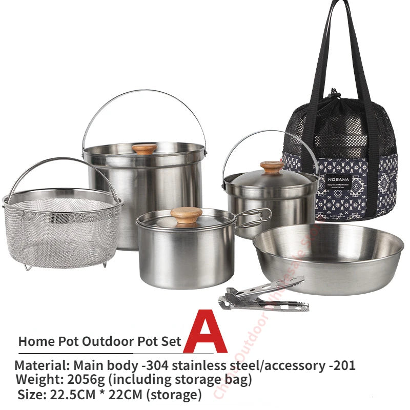 NOBANA Newest Outdoor Stainless Steel Pot Set Camping Family Pot Set 5L Portable Picnic Soup Pot Frying Steaming Household Pot