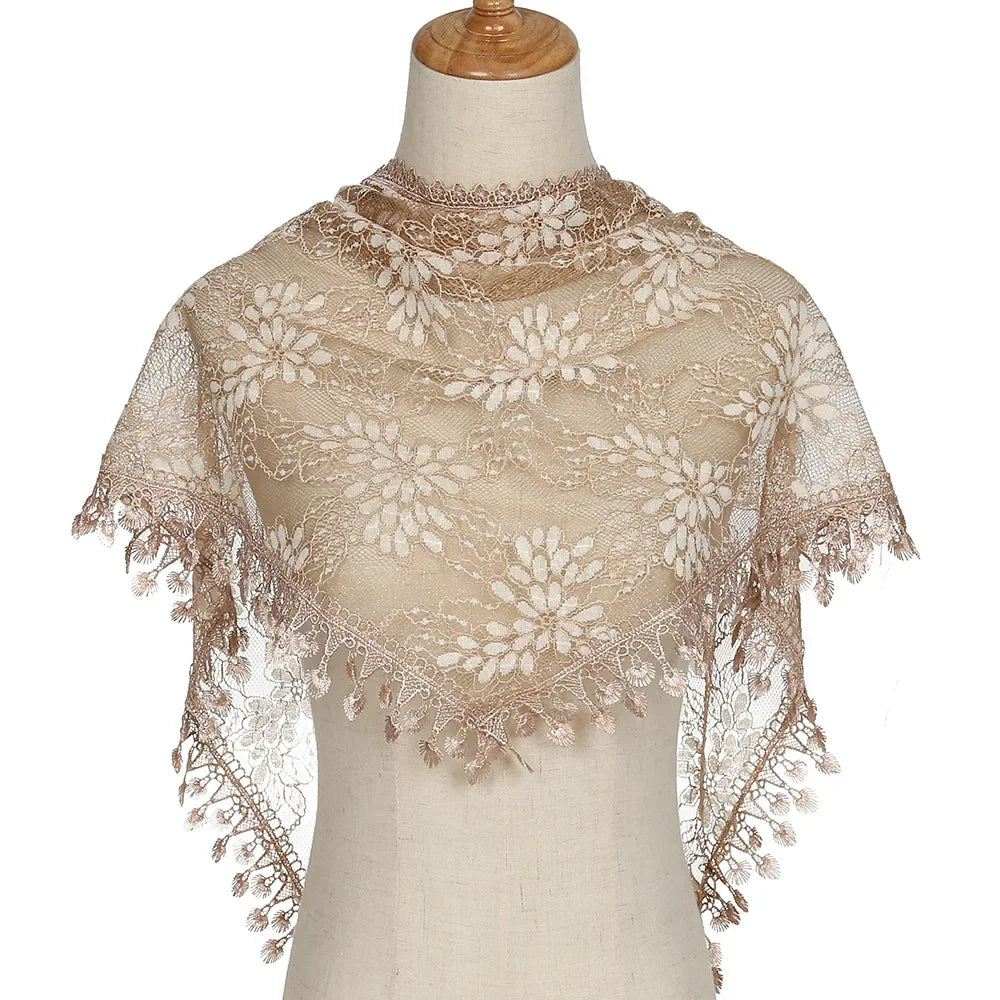 Fashion Women Triangle Wrap Fringed Shawls Head Scarf Tassel Embroidery Lace Scarves Flower Hijab Bandana Prayer Kerchief Church