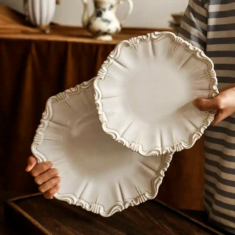 Vintage Ceramic Tableware Set Household Relief Pattern Breakfast Soup Bowl Restaurant High Quality Western Dessert Plates