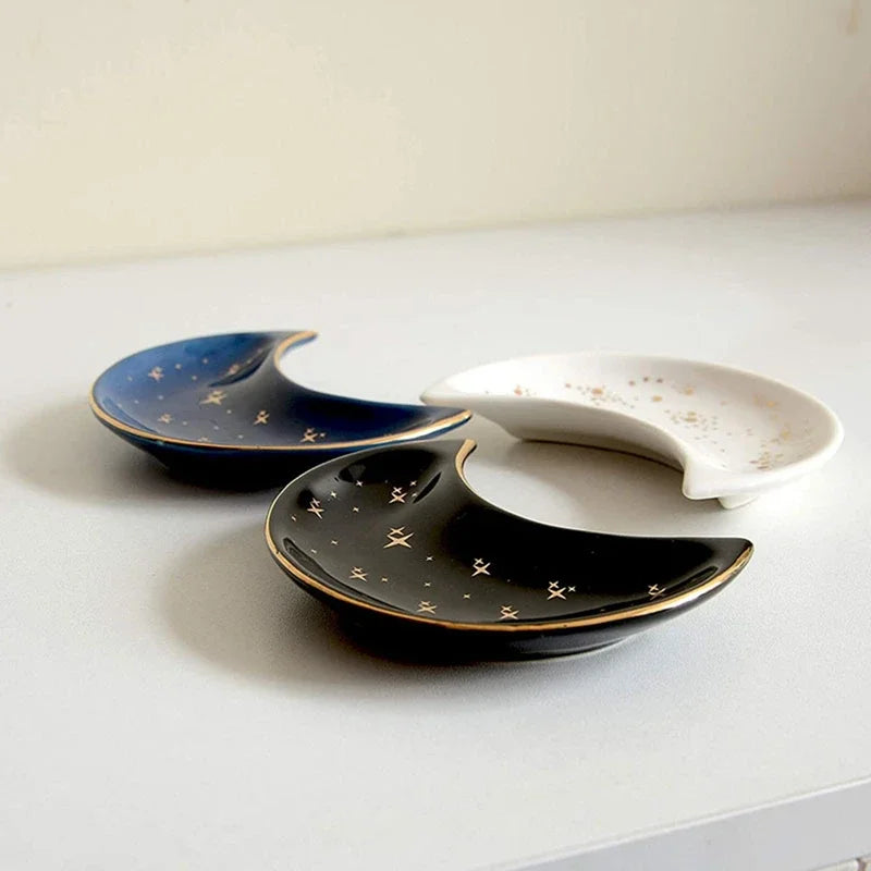 Nordic Ceramic Moon Shape Small Jewelry Dish Earrings Necklace Ring Storage Plates Fruit Dessert Display Bowl Decoration Tray
