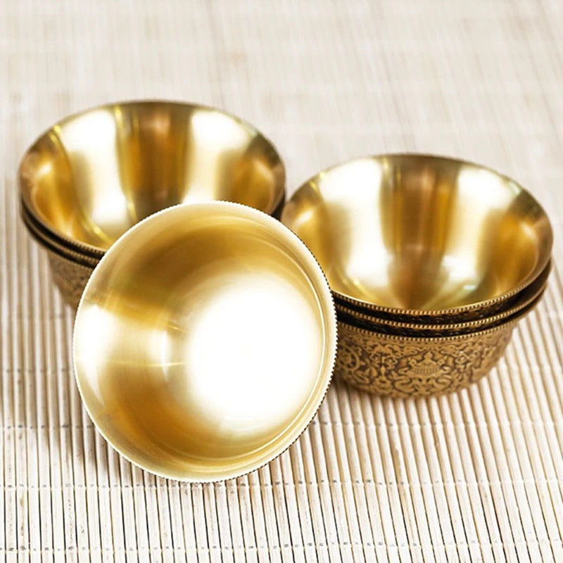 Relief Pure Copper Drinking Bowl Pure Brass Carved Auspicious Tibetan Holy Water Cup Golden Buddhist Bowl Home's Gift Decorative