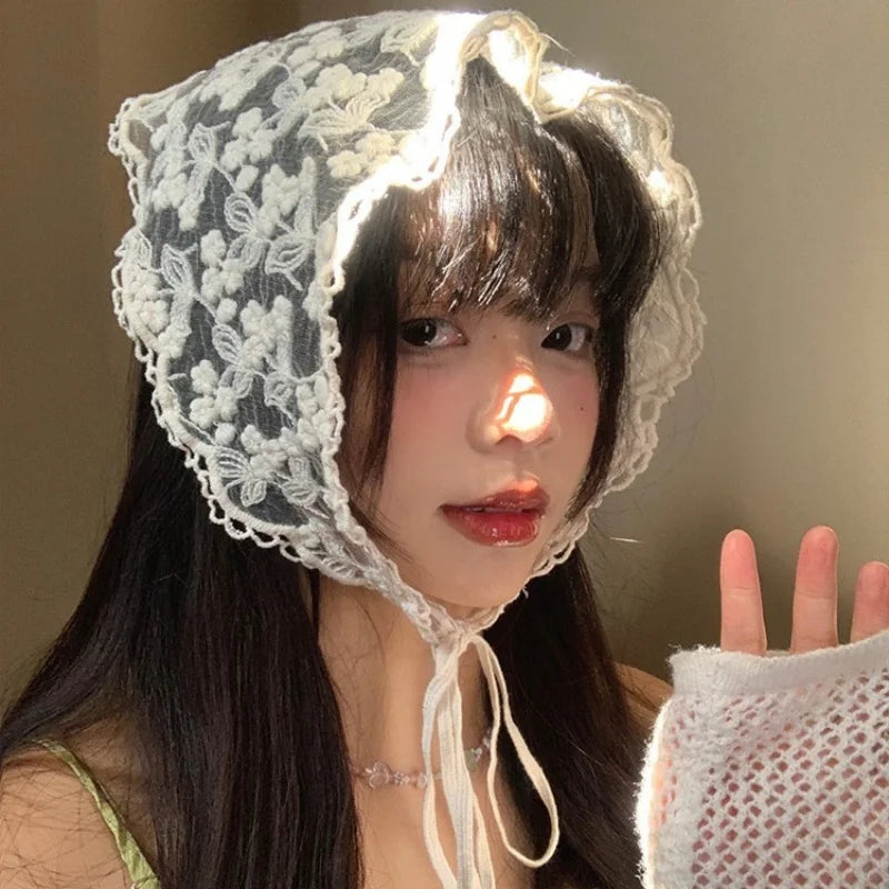 Elegant Lace Floral Hair Scarf Women Triangle Headscarf Korean Lace Up Neck Scarf Lace Flower Sunscreen Travel Photo Headband