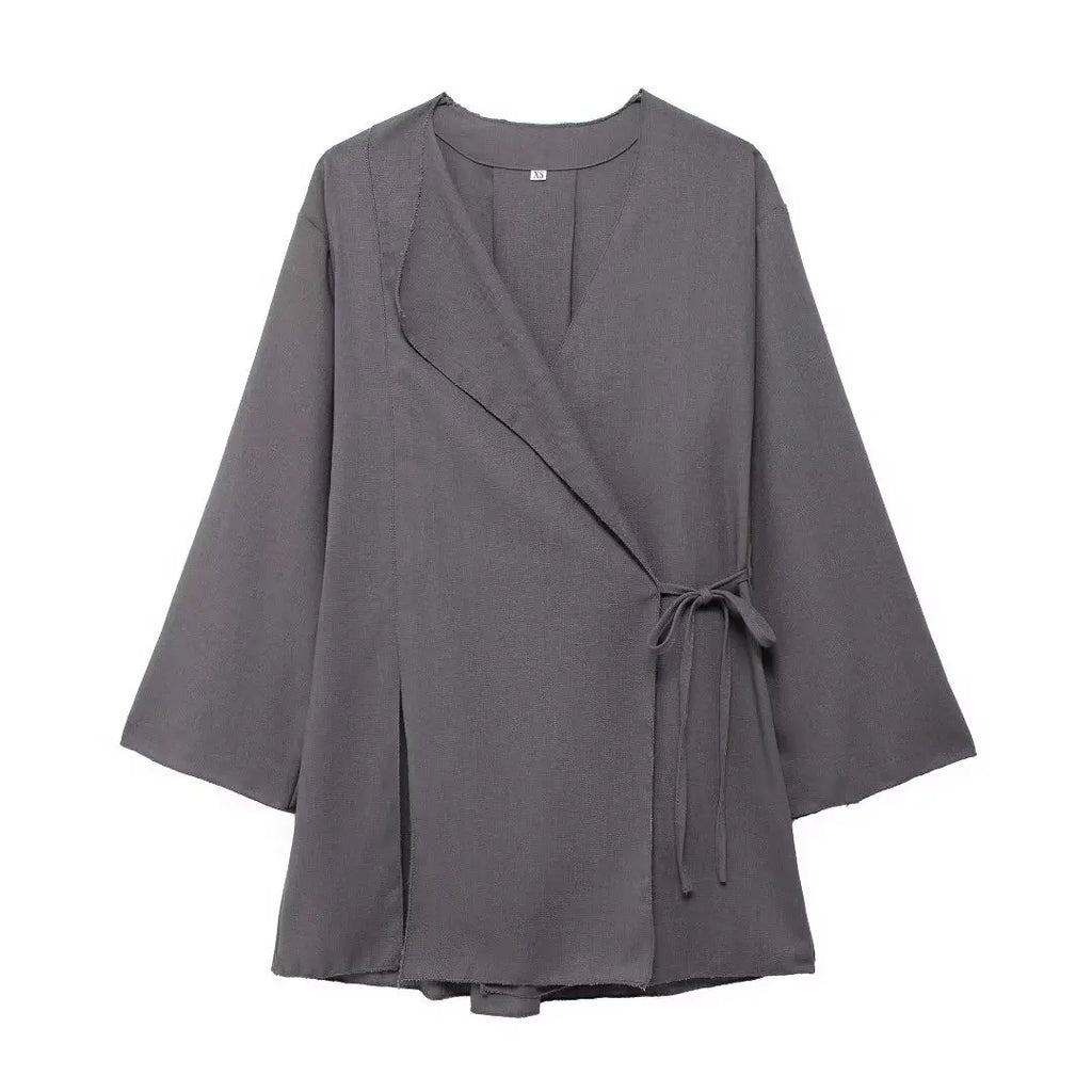 Fashion Linen 2 Pieces Women 2024 Spring Summer Kimono Style Loose Lace Up Shirts Tops Women's Wide Leg Pants Sets