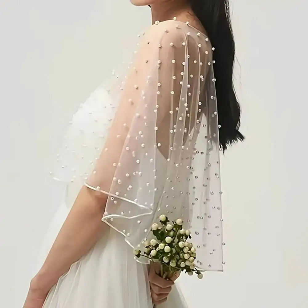 White Tulle Net Shawl For Bride Short Front Long Back See-Through Pearl Bead Wrap Short Sleeve With Plain Silk Edge Wedding Cape
