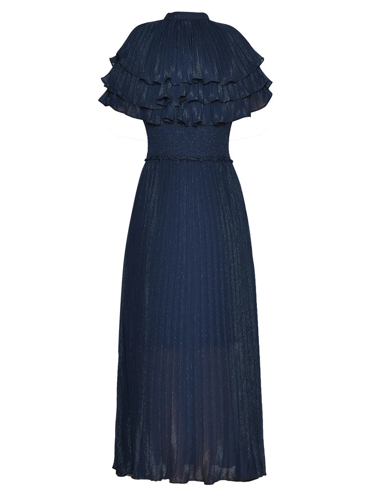 Lace Up Tie Collar Lady Dress 2025 Summer Cloak Stretch Waist Pleated Elegant Large Hem Shiny Women's Long Chiffon Dresses