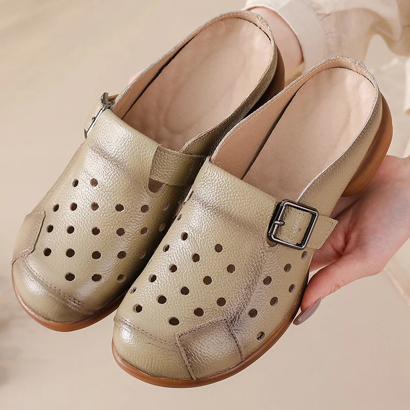 2025 Cow leather low heel sandals women's hollow out mules shoes woman buckle strap slipper sandals ladies elegant slip on shoes