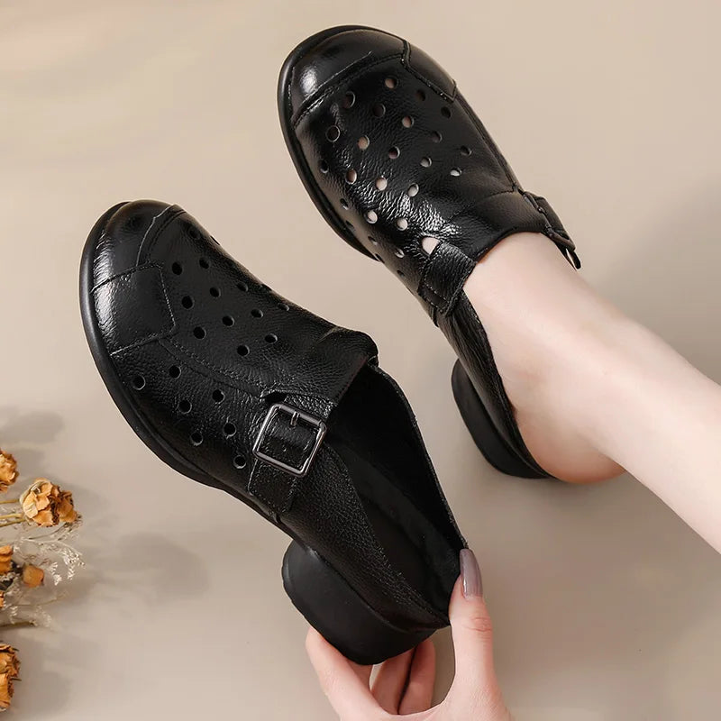 2025 Cow leather low heel sandals women's hollow out mules shoes woman buckle strap slipper sandals ladies elegant slip on shoes