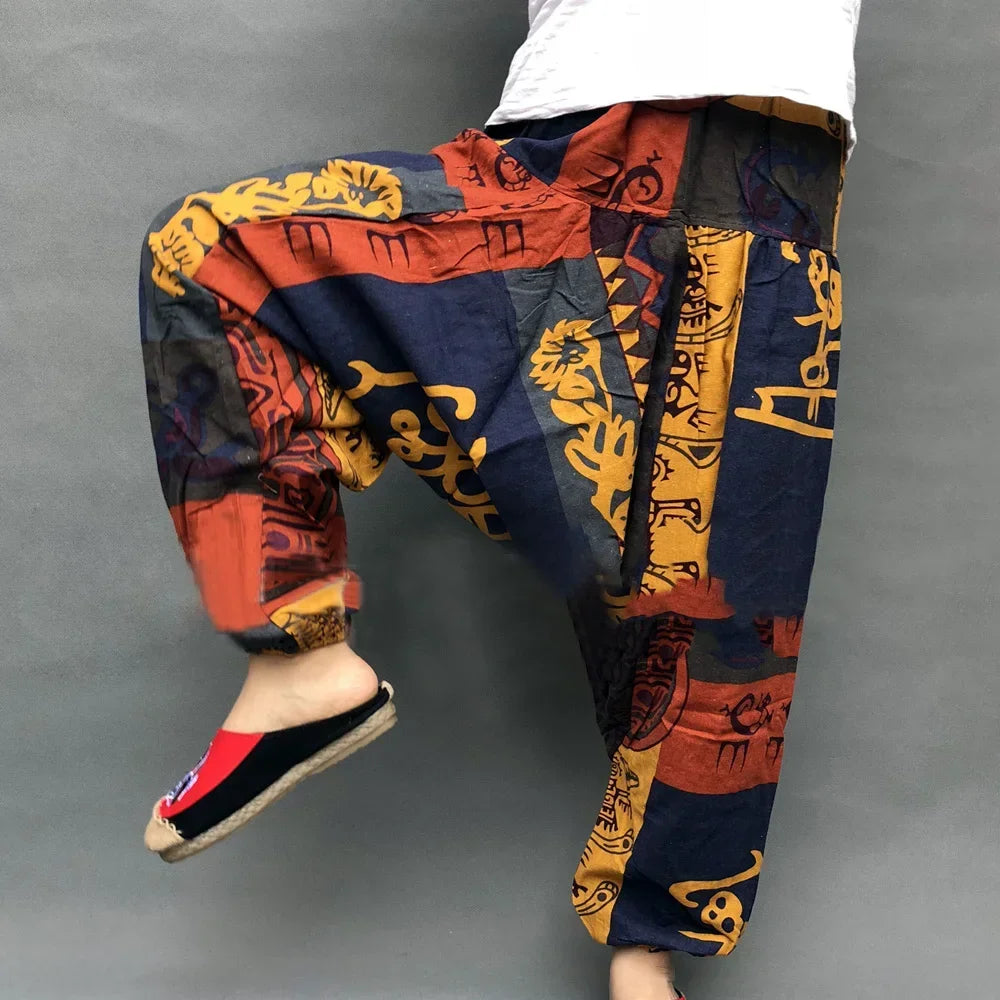 Vintage Men's Linen Loose Ethnic Printing Pants Trousers Retro Casual Harem Large Crotch Beach Pants Man Clothing