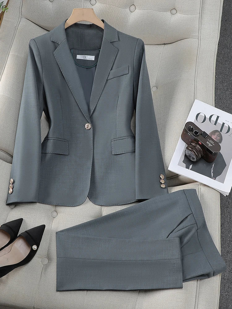 Women Pant Suit Gray Navy Solid Office Ladies Female Business Work Wear 2 Piece Set Formal Blazer Jacket And Trouser