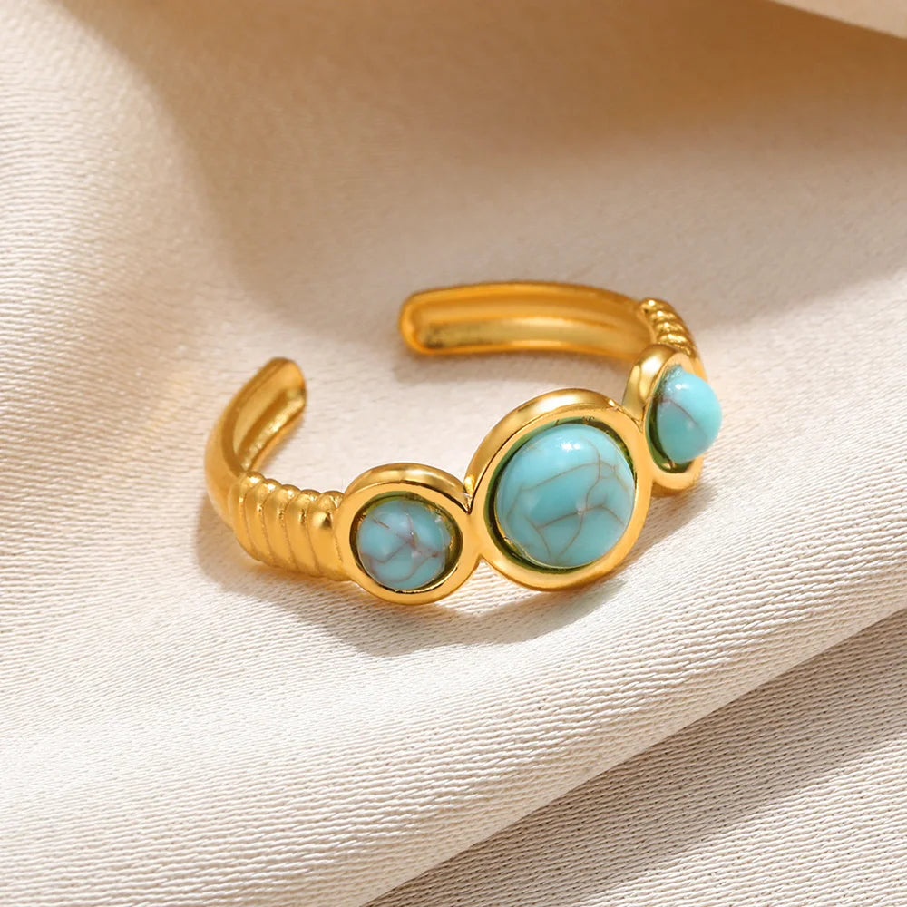 Stainless Steel Double Wide Rings For Women Trendy Aesthetic Gold Color Ring Vintage Natural Stone Hollow Jewelry Gift New In