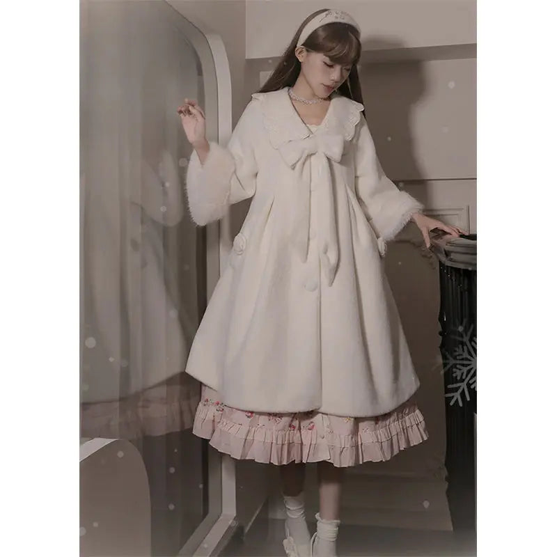 Winter Plush Long Coat Women Clothing Bow Lolita Style Autumn/Winter College Style Commuter Sweet Bow A-line Wool Coat for Women