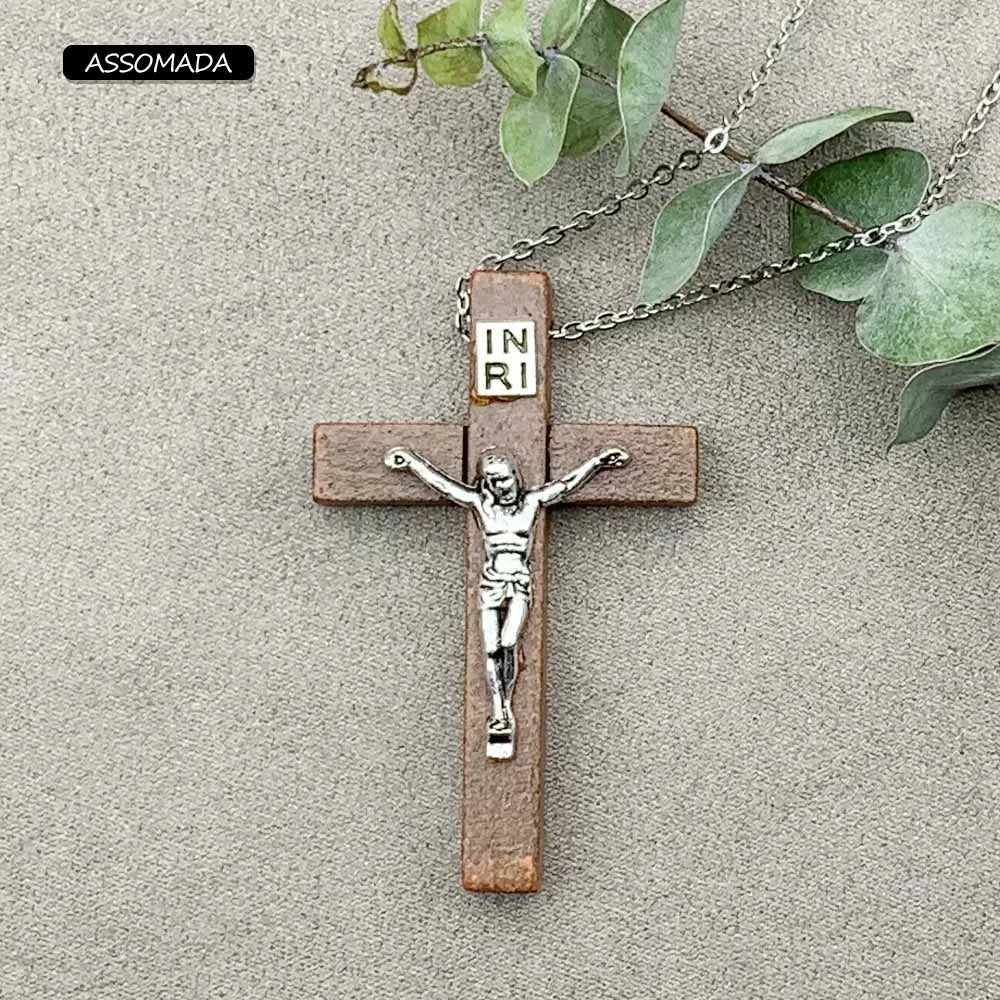 ASSOMADA 6pcs Wooden Cross Jesus Pendant For Jewelry Making Necklaces Christian Crosses Charms Accessories DIY Supplies