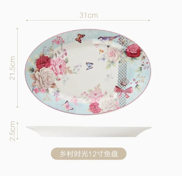 Pastoral Bone China Dishes And Plates Porcelain Cake Dish Pastry Fruit Tray Ceramic Tableware Steak Dinner Plate Decoration