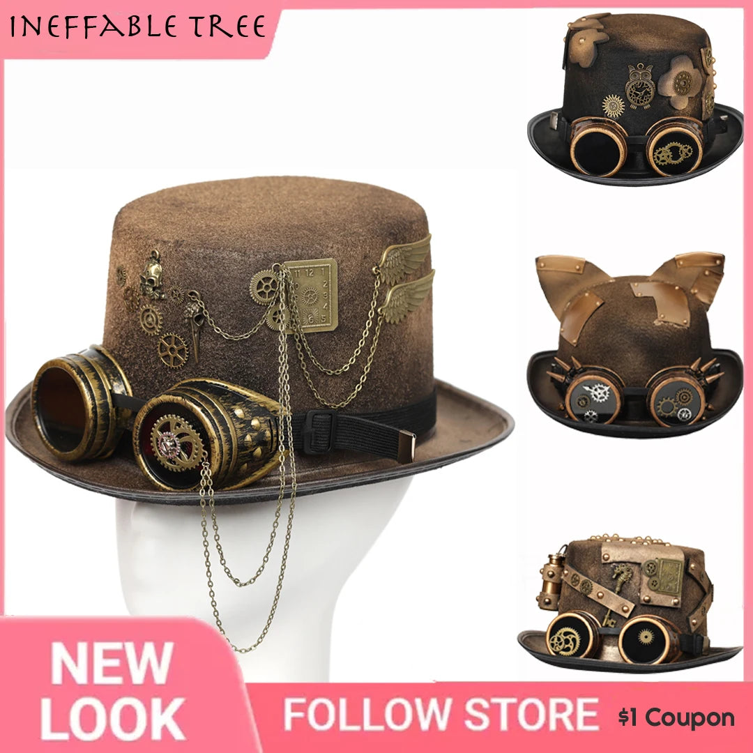 Gothic Headwear Steampunk Hat Victorian Top Magic Gears Goggles Chain Top Hats for Dress Up Halloween Cosplay Costume Fedora Cap