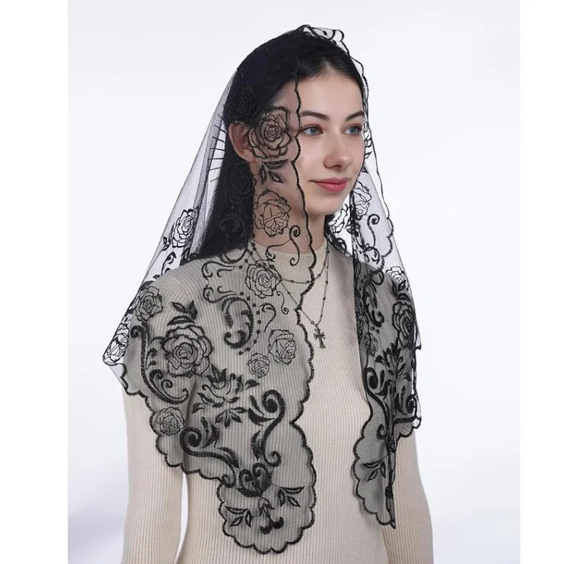 Women Head Covering Bridal Wedding Embroidery Catholic Church Veil