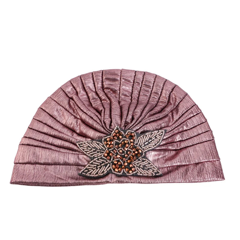 New Metallic Jewelry Turban Caps Elegant Pleated Head Band For Women Hijab Scarf Bonnet Islamic Wrap Beanies Head Scarves