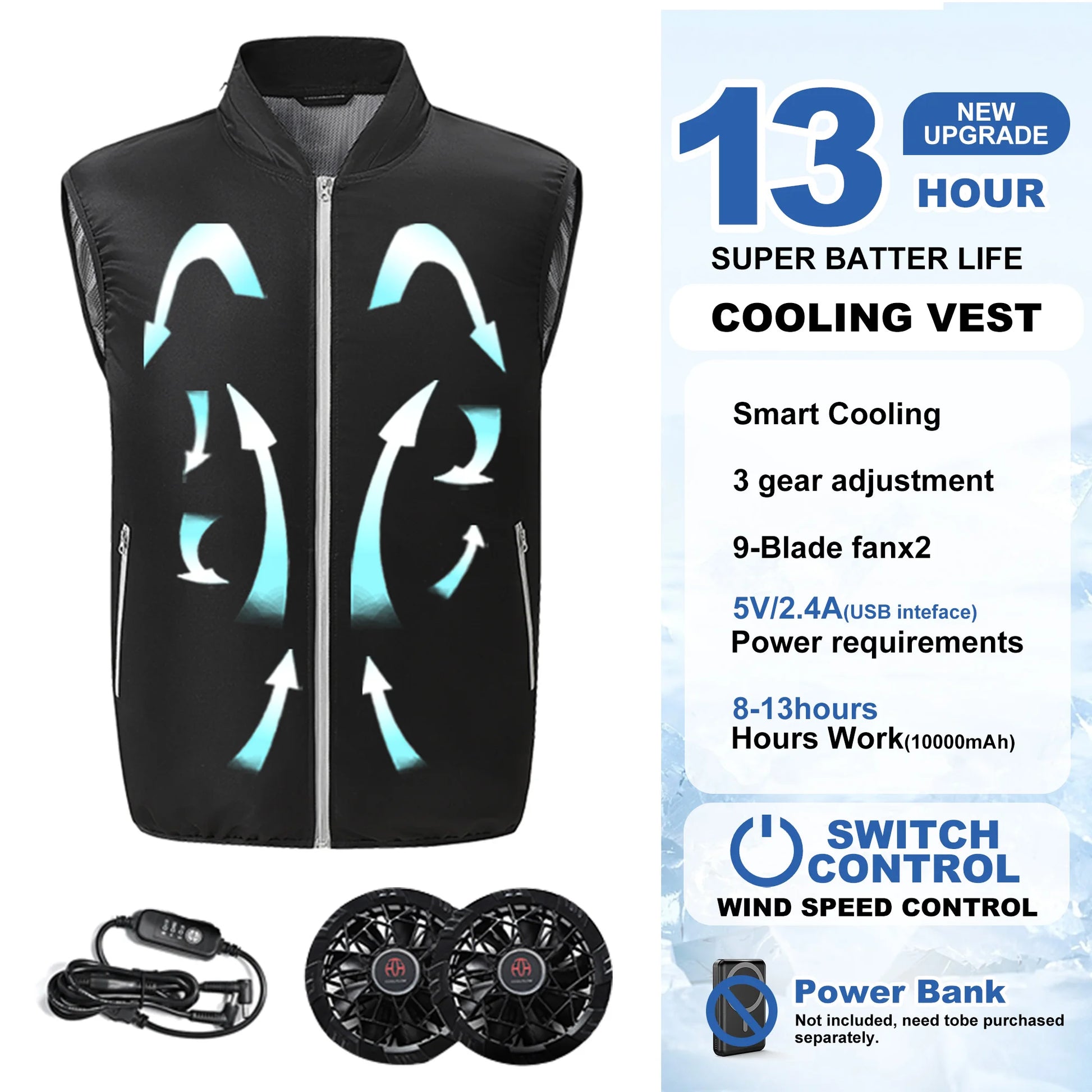 Cool Vest Electric fan vest Cooling Fan Vest Air-conditioned Clothes Hiking Cooling 13 Hours High Temperature Work Fishing Vest