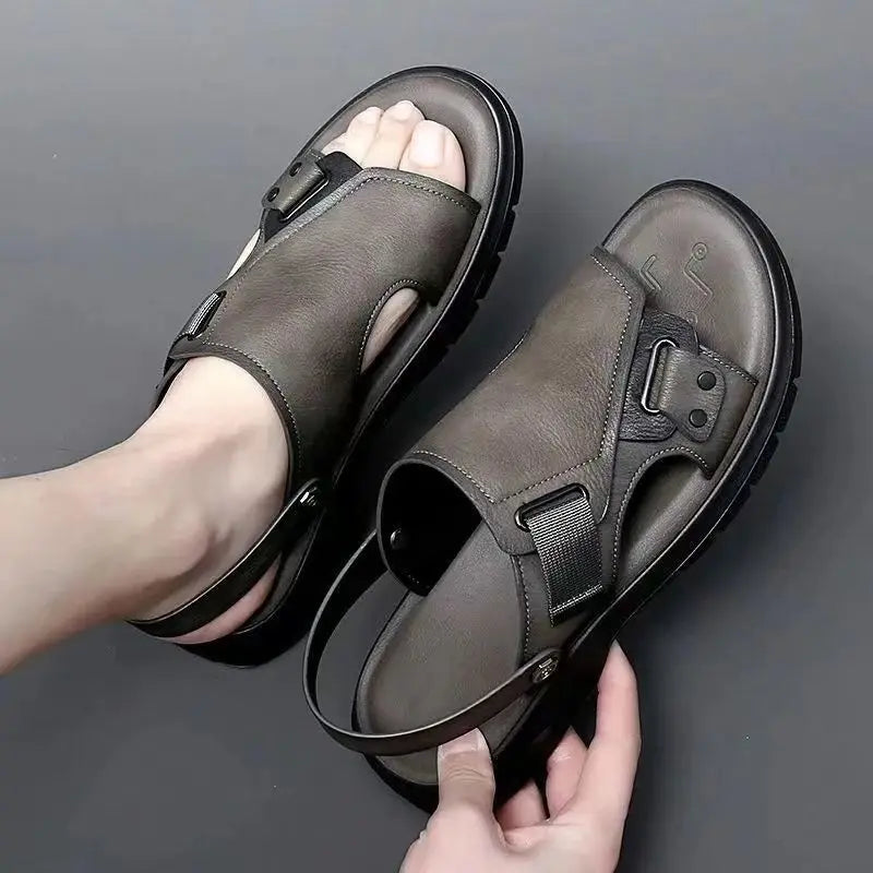Male Shoe Slippers Genuine Leather Outdoor Trekking Hiking Beach Open Flat Men's Sandal Ankle Wrap Indoor New Arrival Number 41