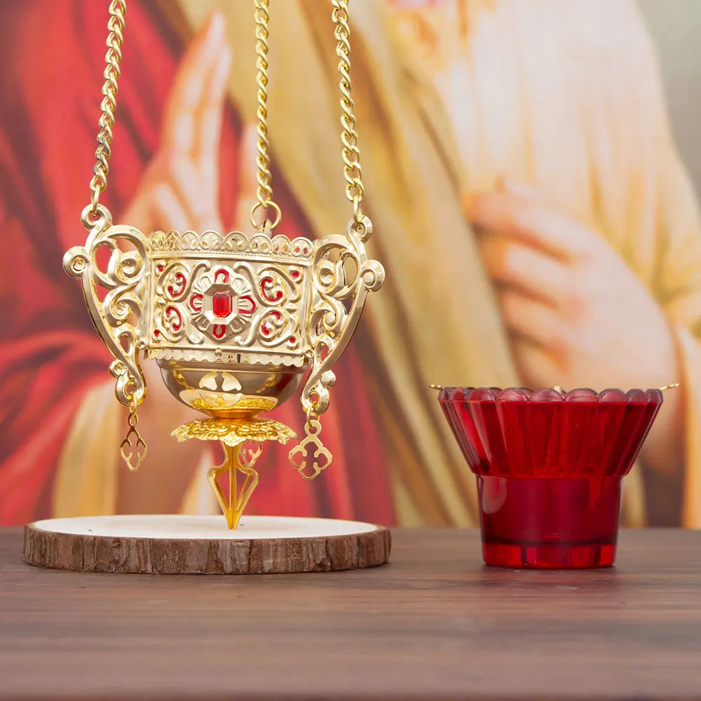 Antique Golden Gemstone Church Thurible Crimson Glass Bowl Vintage Ritual Artifact Meditation Burner, Collectible Altar Decor