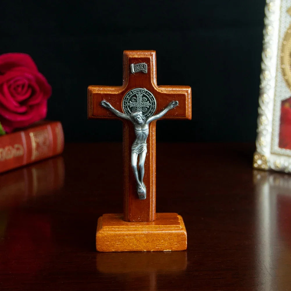 Catholic Wooden Cross with Base, Pray for your Family and Home, Handheld Religious Souvenir Statue of Jesus on Base