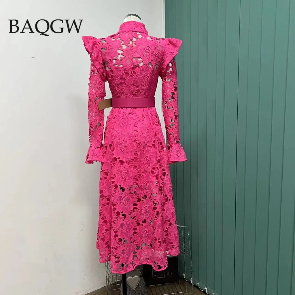 Minimalist Solid Dresses for Women Stand Collar Long Sleeve High Waist Spliced Hollow Out Slim Chic Dress Female Summer 2023