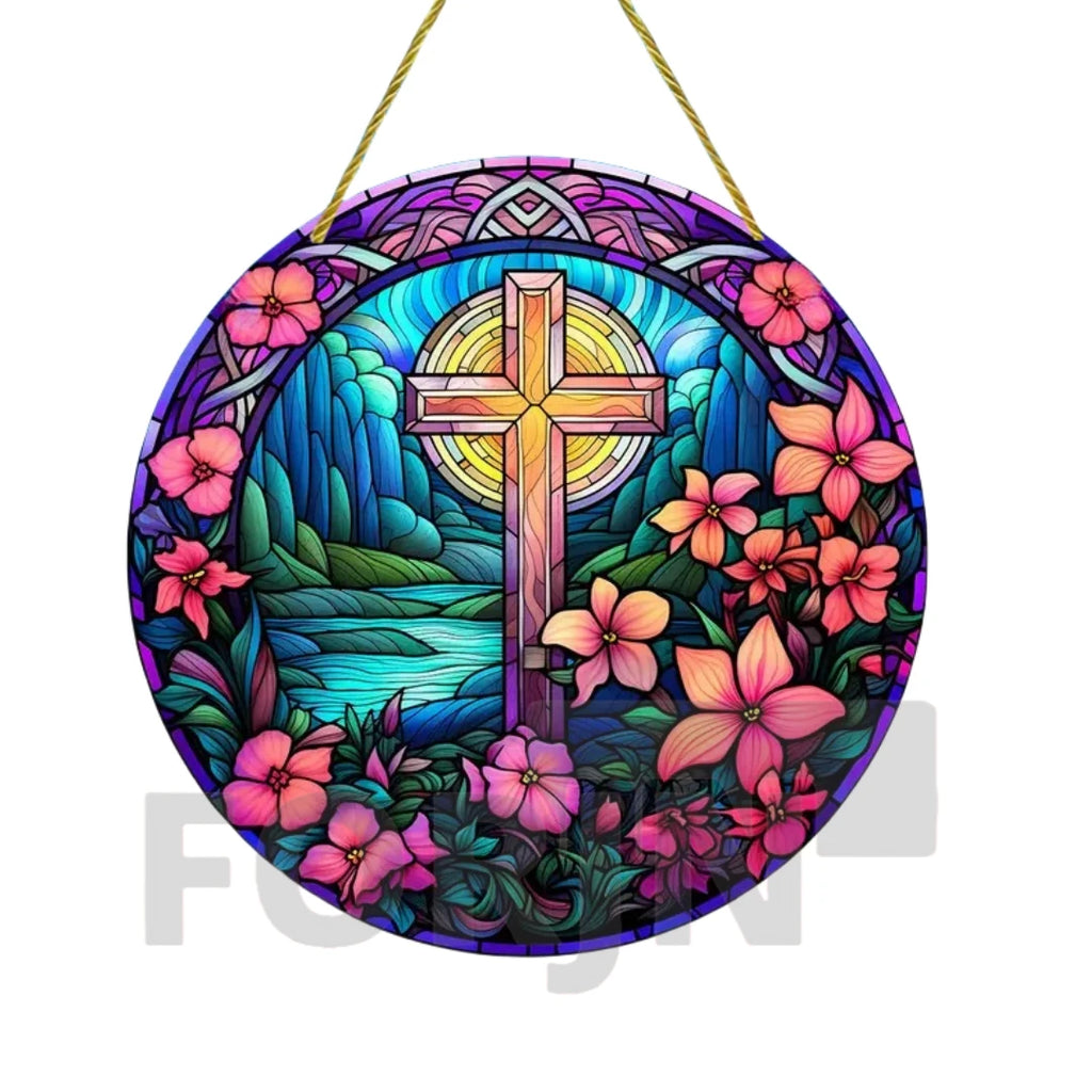 Cross Sun Catcher Acrylic Round Sign,Faux 3D Christianity Religious Pendant Plate,Home,Garden,Room,church,Holy Week&Easter Decor