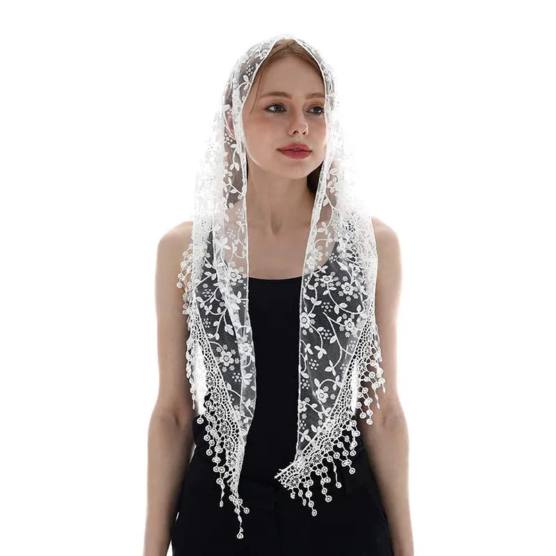 Fashion Church Shawl Lace Veil Polyester Scarf Bandana Church Prayer Wedding Mantilla Chapel White Embroidered Hijab Women Scarf
