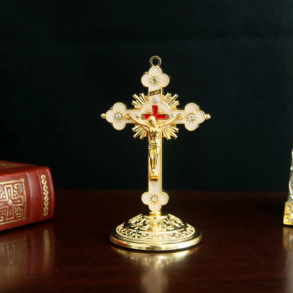 Catholic Cross, Metal Standing Cross Crucifixion Cross Religious Tabletop Decoration Gift for Faithful
