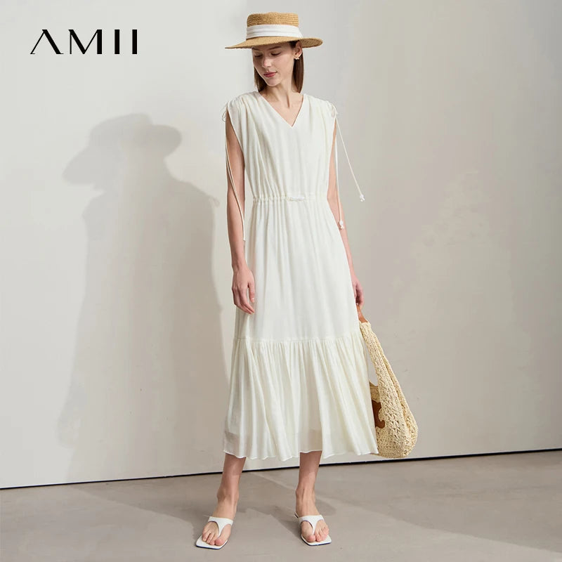 Amii Women's Dress Minimalist Summer New Loose Long Style Sleeveless V-Neck Ruffled Hem Drawstring Raglan Sleeve Dress 12542117