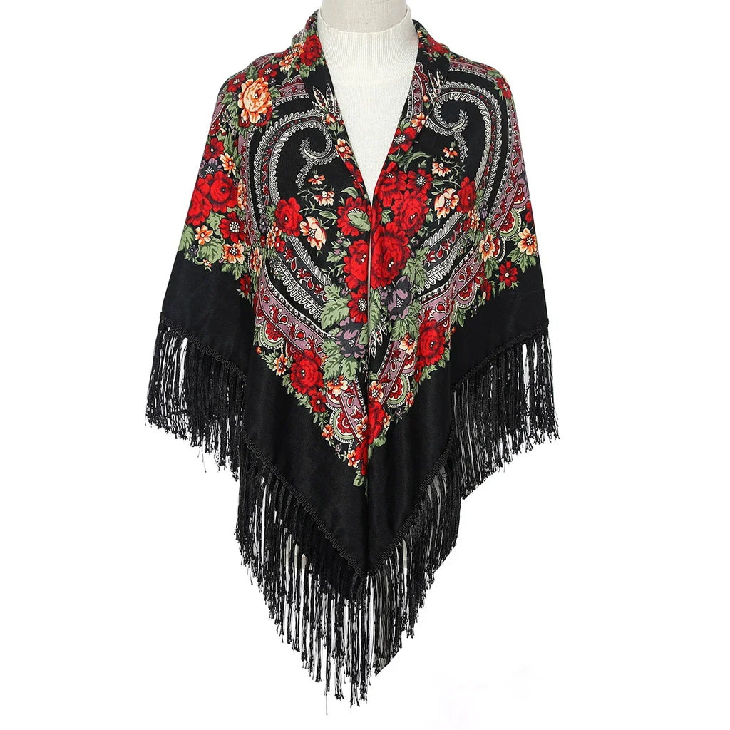 Women Luxury Floral Printed shawl Scarf for woman Square Babushka Handkerchief Head Wraps cardigan  Bohemia Retro Fringed Cape