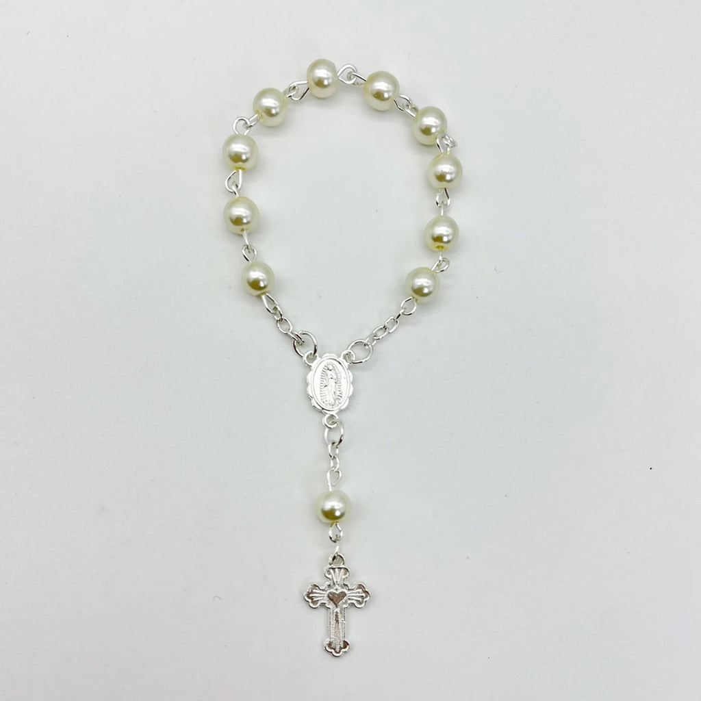 1Pcs Baby 6/8mm Glass Pearl Rosary Bracelet Eucharist Gift Cross Finger Chain Religion Mini Rosary Bracelet Pray