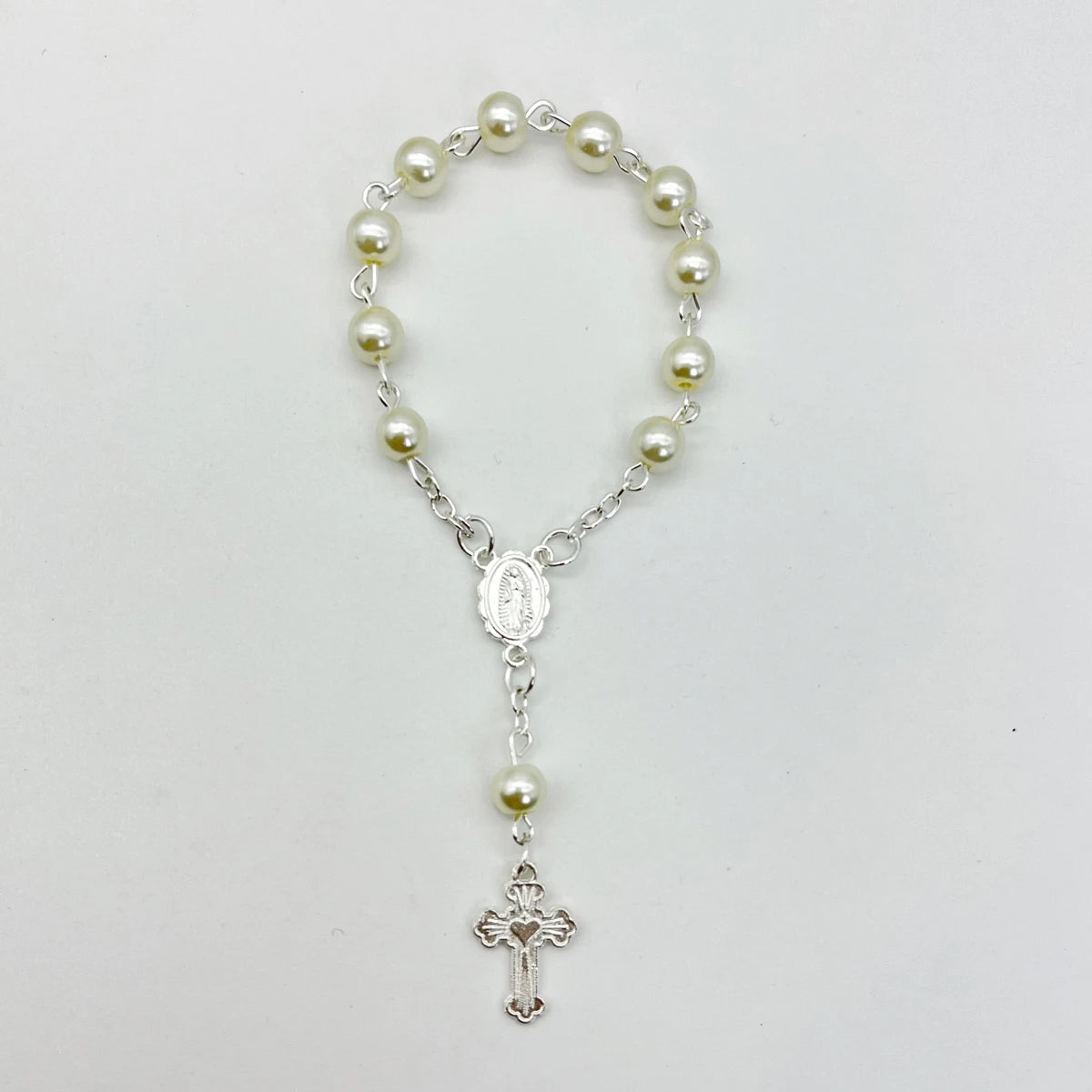 1Pcs Baby 6/8mm Glass Pearl Rosary Bracelet Eucharist Gift Cross Finger Chain Religion Mini Rosary Bracelet Pray