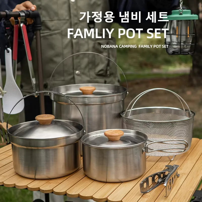 NOBANA 14/22pcs Outdoor Stainless Steel Pot Set Camping Family Pot Set 5L Portable Picnic Soup Pot Frying Steaming Household Pot