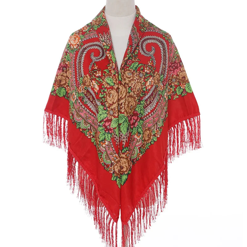 Women Luxury Floral Printed shawl Scarf for woman Square Babushka Handkerchief Head Wraps cardigan  Bohemia Retro Fringed Cape