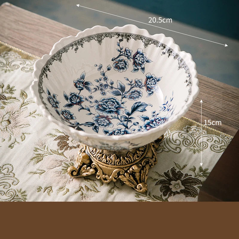 Classical Colorful Flower Pattern Fruit Bowl Storage Trays Snack Dessert Plate High Footed Fruits Plate Coffee Table Fruits Tray