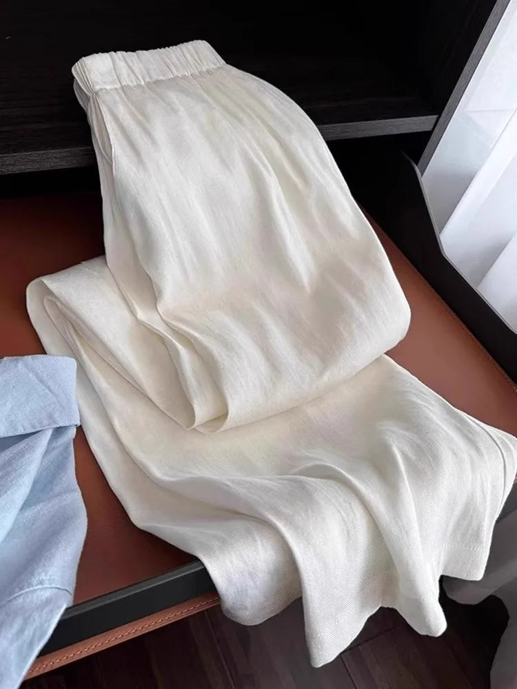 2025 White Cotton and Linen Wide-leg Pants Women's Summer Thin Loose Lazy Drape High-waisted Straight Pants Casual Pants