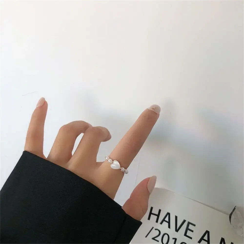 Elegant Heart Imitation Pearl Rings for Women Fairy Vintage Simple Retro Index Finger Ring White Sweet Minimalist Jewelry Gift