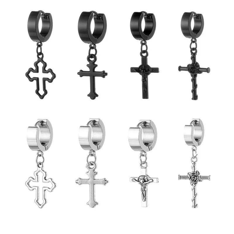 Classic Simple Cross Pendant Earrings Stainless Steel Fashion Vintage Geometric Stud Ear Jewelry Party Gifts For Women Men