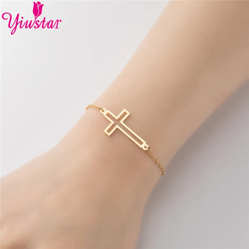 New Simple Christian Cross Stainless Steel Chain Bracelets for Women Men Religious Jewelry Lucky Cuff Bangles Gift Wholesale