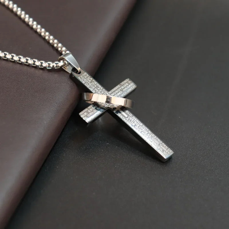 Simple Cross With Circle Pendant Necklaces Stainless Steel Chain Christ Cruz Necklace For Men Boys Cool Neck Jewelry Collier