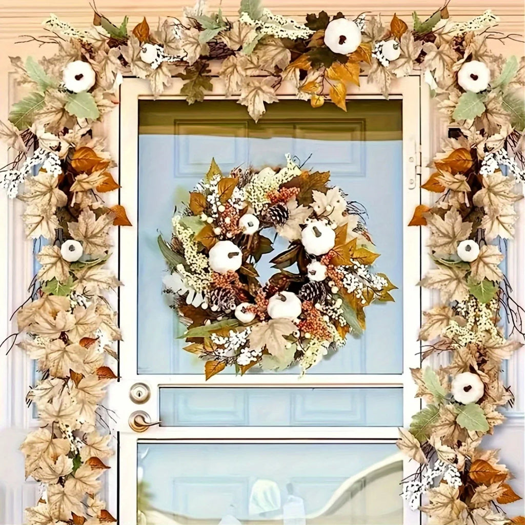 1pc Autumn Maple Leaf & Pumpkin Wreath Perfect for Thanksgiving Halloween Christmas Fall Party Decoration Festive Wall Hanging