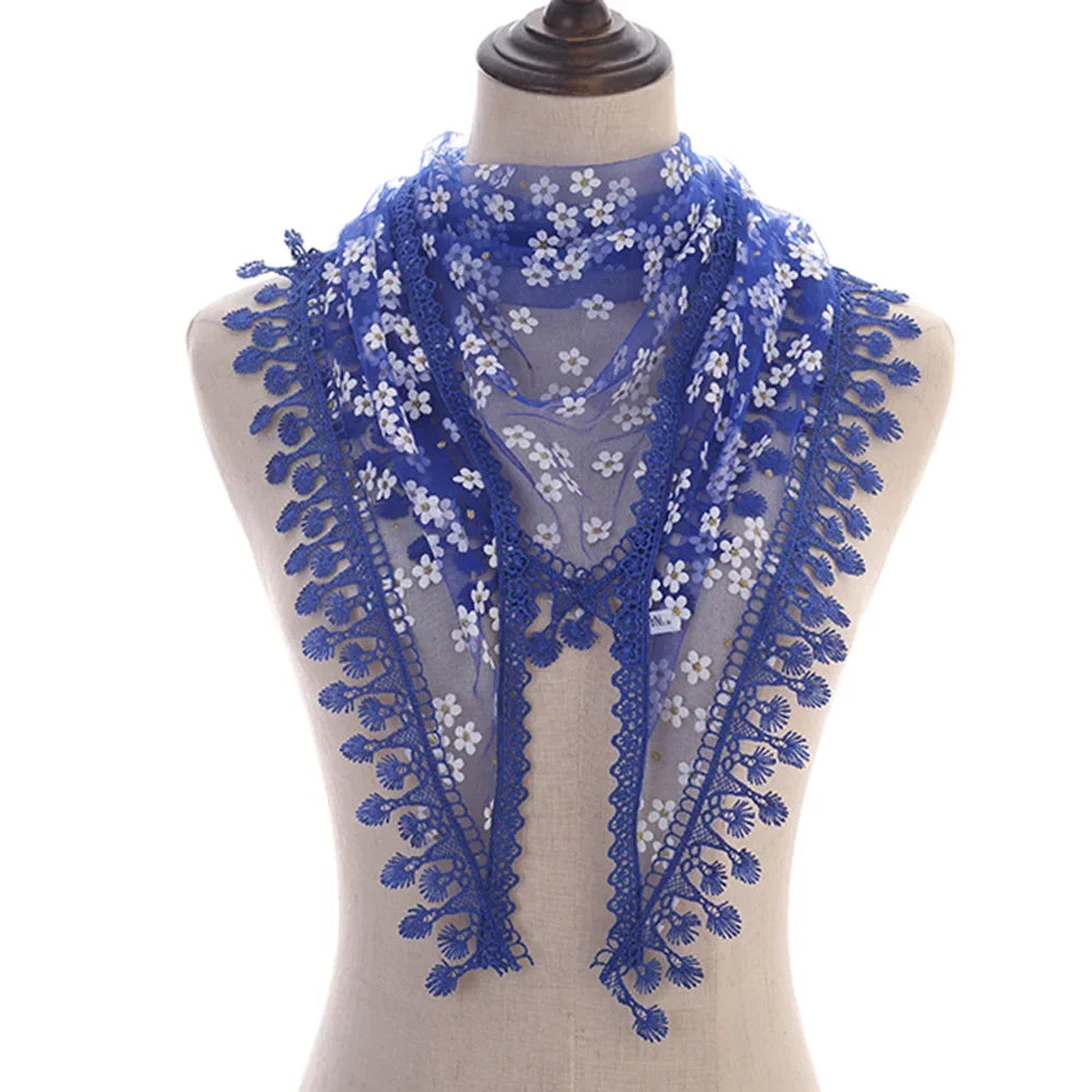 Fashion Women Triangle Wrap Fringed Shawls Head Scarf Tassel Embroidery Lace Scarves Flower Hijab Bandana Prayer Kerchief Church