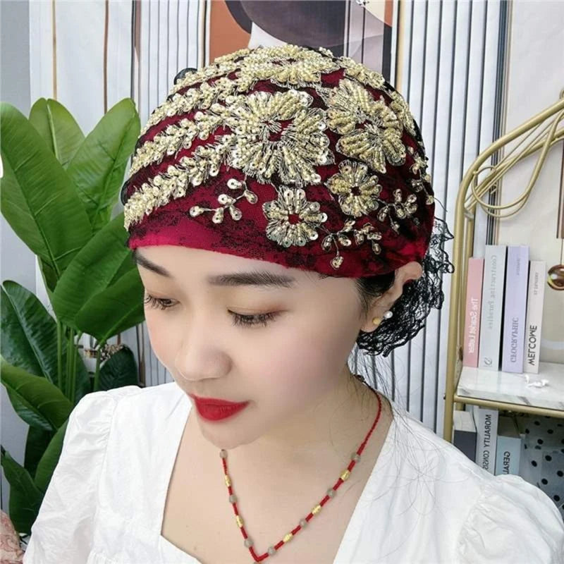 Lace Turban Hats for Women Muslim Headscarf Head Wraps Caps Female Daily Beanie Hair Cover Cap Glitter Diamonds Embroidery