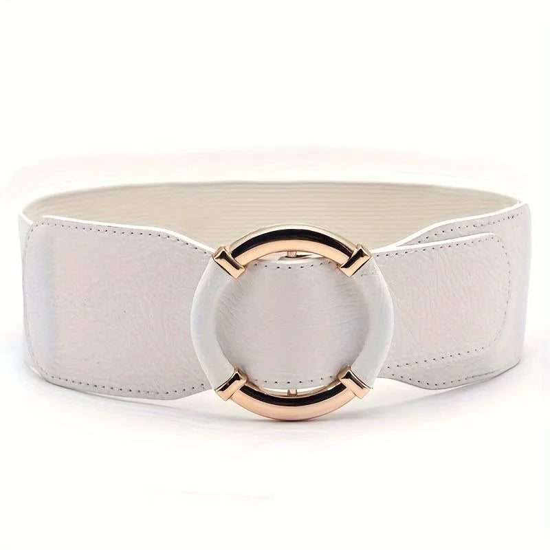 Solid Color Wide Belt Casual Stretchy Vintage Elastic Waistband Round Metal Buckle Dress Coat Girdle Women Apparel Accessories