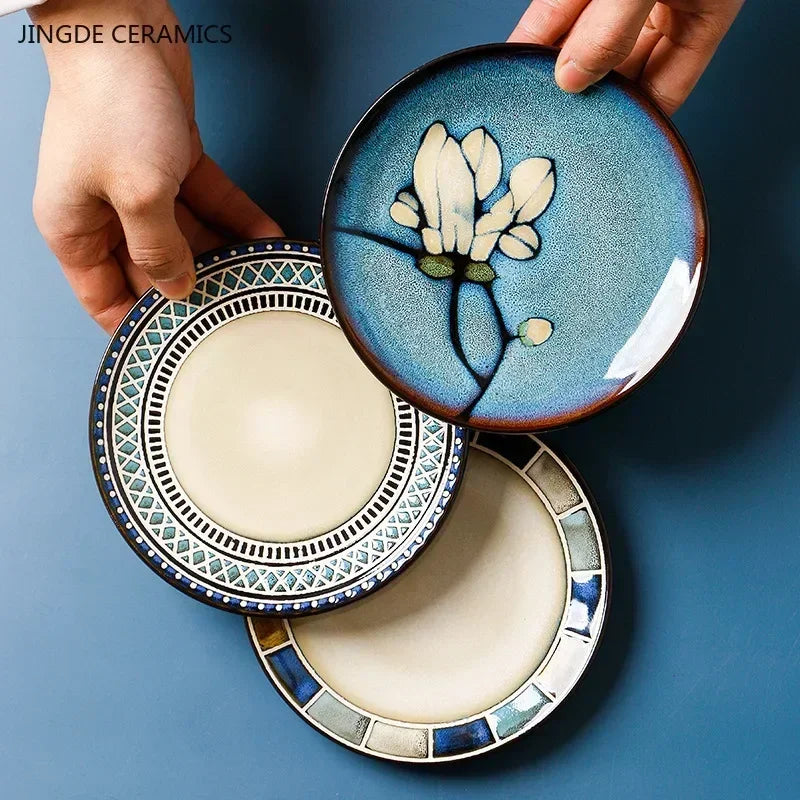 European Ceramic Cutlery Household Dishes Retro Kiln Glaze Porcelain Plate Handmade Ceramic Dinner Plates Kitchen Accessories