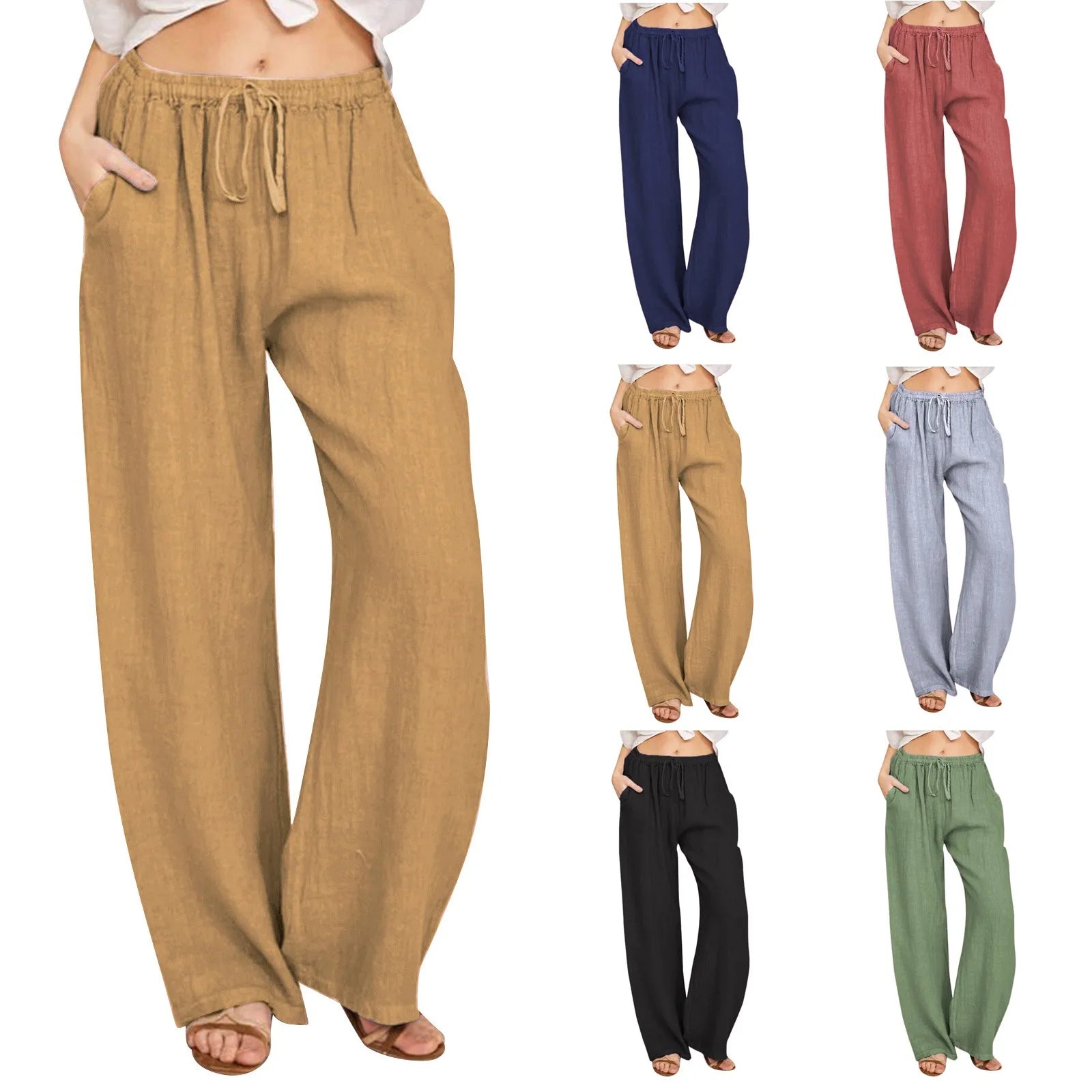 2024 Spring Summer Linen Cotton Wide Legged Pants for Women High Waist Solid Color Crop Pants Elastic Waist Casual Loose Pants