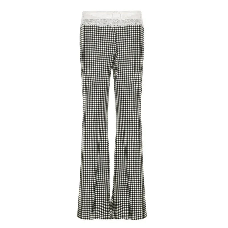 2024 New Plaid Lace Flare Pants Sets Patchwork Elegant Women Casual Two Piece Suit Streetwear Sweet Tank Top Autumn Slim Fit Set