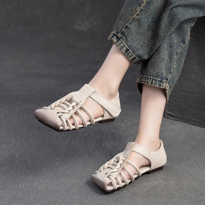 Genuine Leather Sandals Women Handmade Woven Literary Style Hollow Flat Roman Sandals Ladies Summer Shoes Sandalias