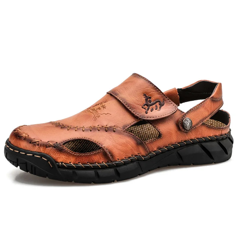High quality leather flat sandals for men round toes new summer 2025 size 49 50 casual outdoor walking big size shoe black brown
