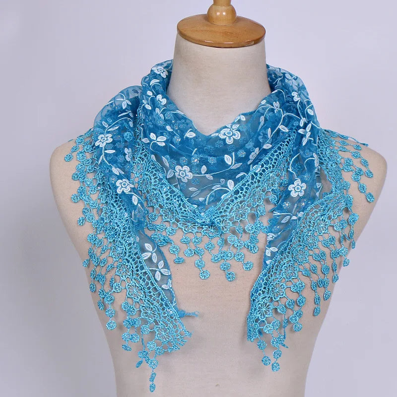 Women Embroidered Lace Tassel Scarf Triangle Fringe Solid Color Shawls Fashion Lightweight Prayer Hijab 150*40cm
